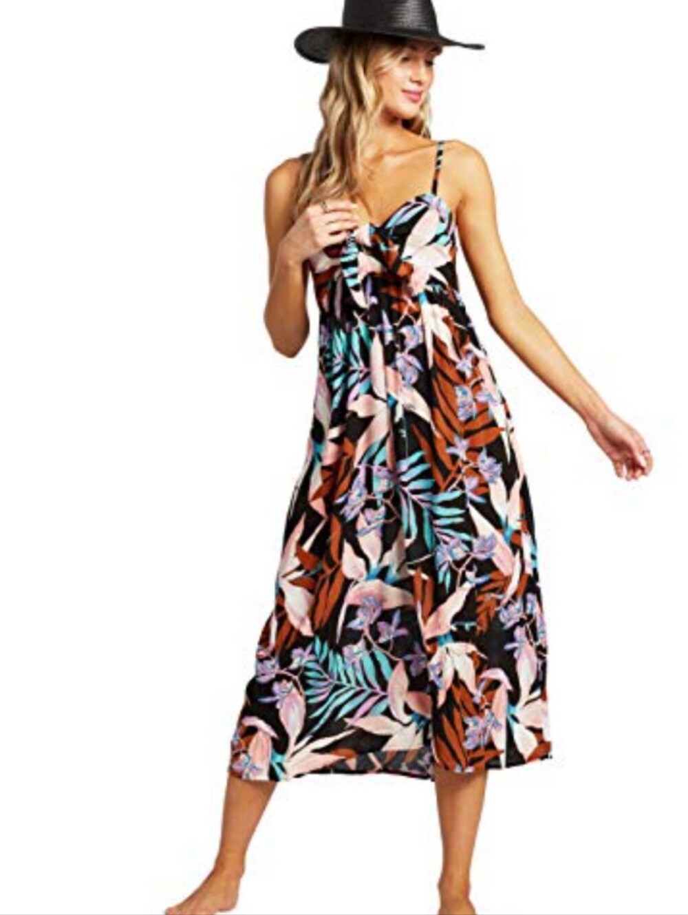 Billabong Twist It Tropical Floral Midi Dress  Black Base with Peach & Teal Boho